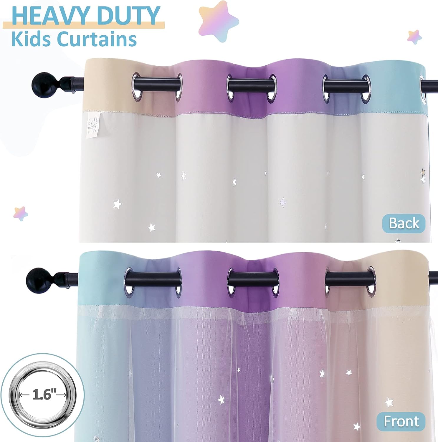 Anjee Curtains for Girls 2 in 1 Double Layer Cutout Star Light Blocking Ombre Grommets Top Drape with Lace Sheer Voile Gauze for Living Room Kids Bedroom 2 Panels 52 x 95 inch, Blue Purple Yellow