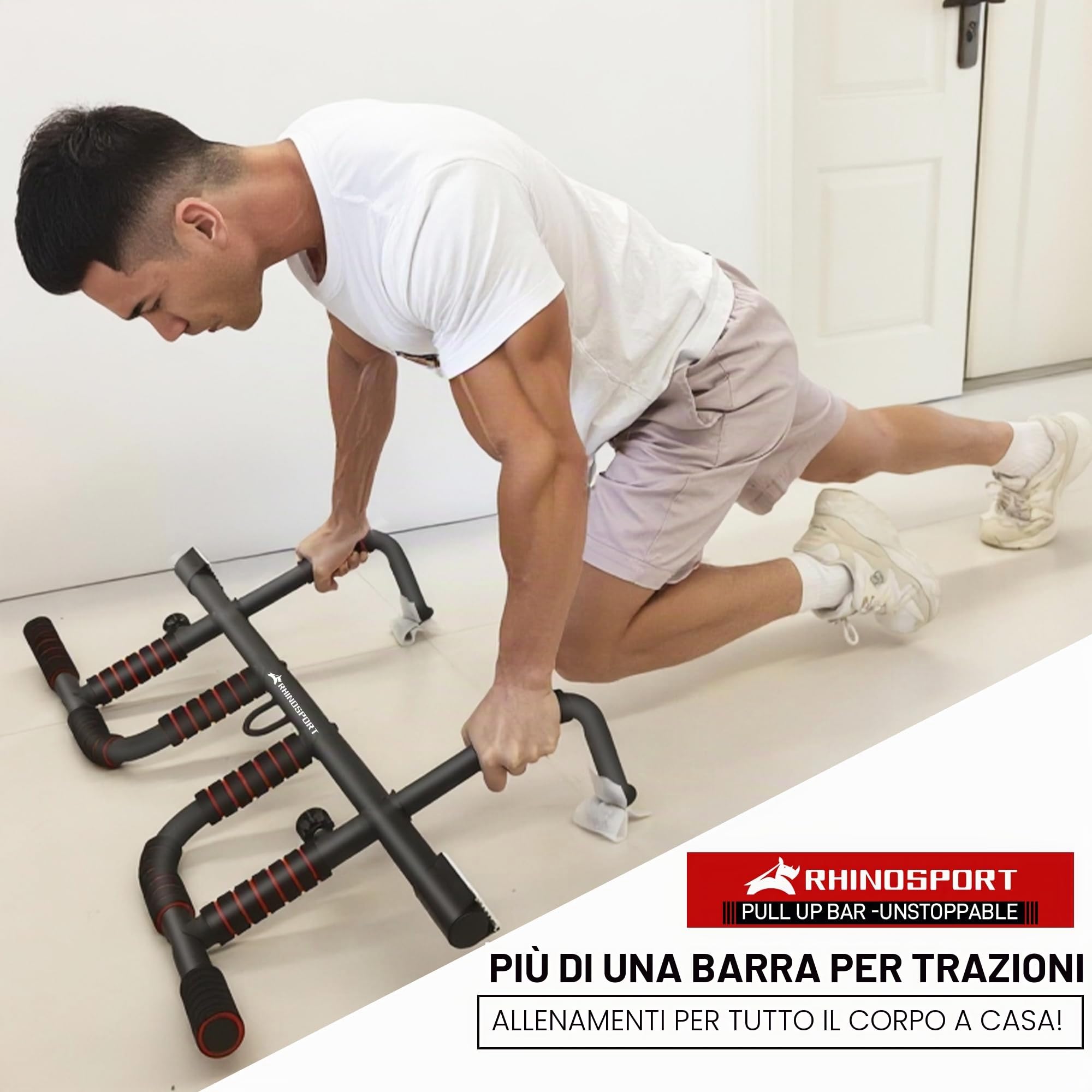 Rhinosport Barra per trazioni Multifunzione Sbarra Trazioni, Barra per Porte, Regolabile da 65 cm a 92 cm senza viti （Extra gratuito maniglie ）