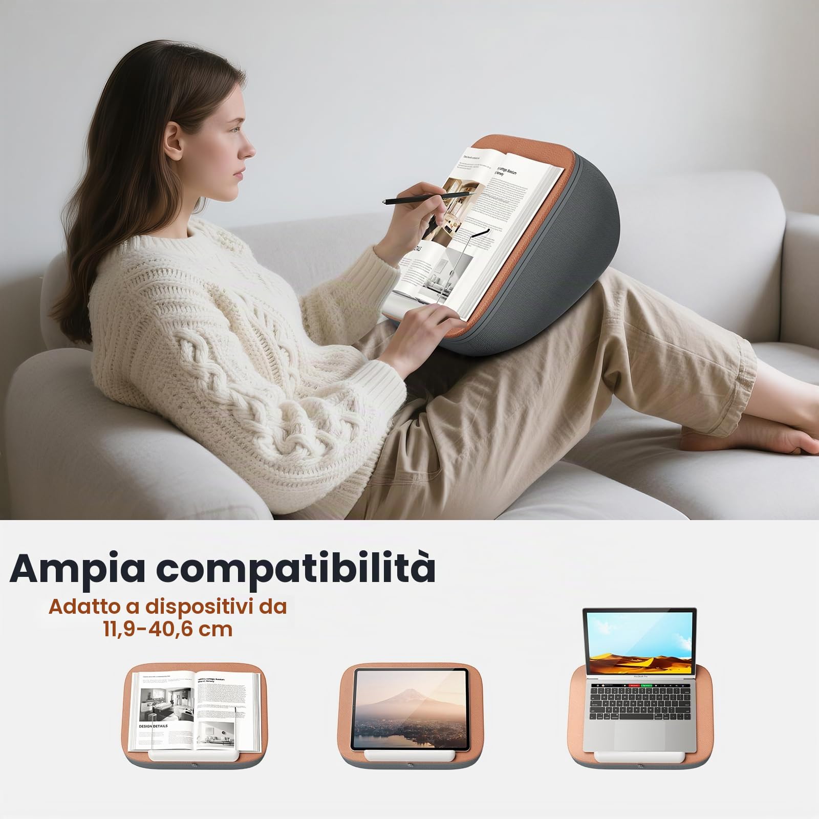 Tounee Supporto Lettura - Pillow Beanbag Ultra Soffice per Libri/Tablet - Lettura Senza Mani Letto/Canapé - Riduce Fatica Cervicale - Perfetto per Lettori & Utenti Tablet/Laptop - Grigio