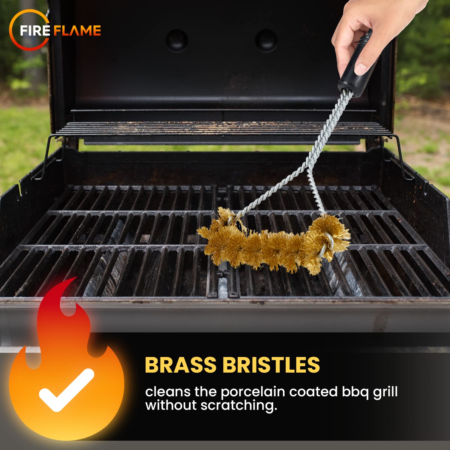 Fireflame - Cepillo para parrilla de barbacoa, cerdas de latón antiarañazos, mango largo de 16 pulgadas, cepillo de limpieza para parrilla de barbacoa, espiral de cara ancha, resistente, fabricado en