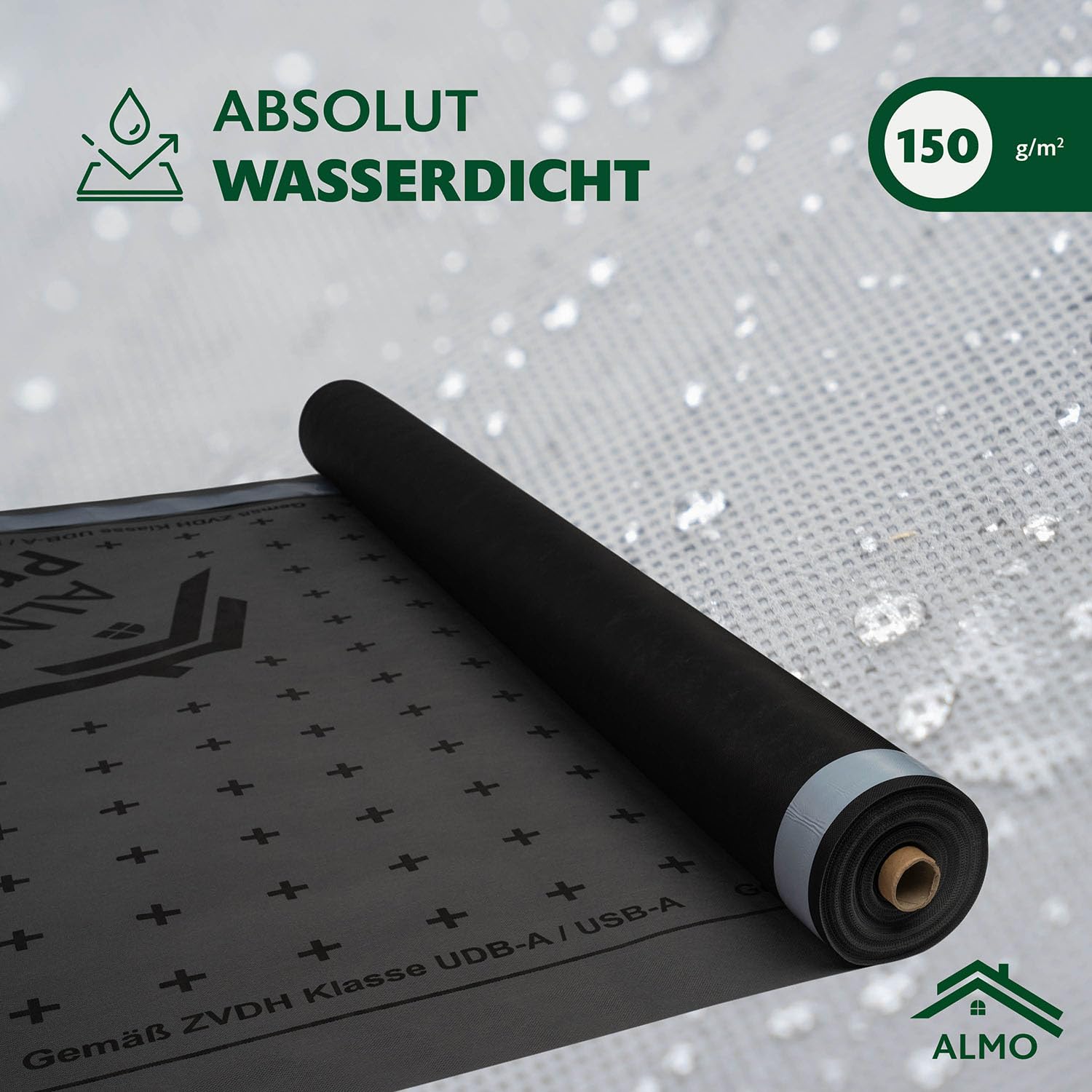 ALMO Unterspannbahn Dach 150g/m² | 75m² (1,5 x 50m) diffusionsoffen & UV-beständig | Wasserabweisende Dachfolie mit 2 Selbstklebestreifen | Fassadenbahn & Unterdeckbahn für Dachabdichtung