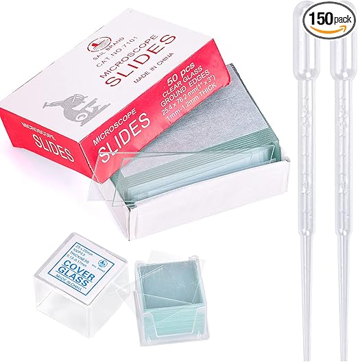 50 Pieces Microscope Slides and 100pcs Pre-Cleaned 20mm x 20mm Microscope Cover Slips Glasses for Basic Biological Science Education