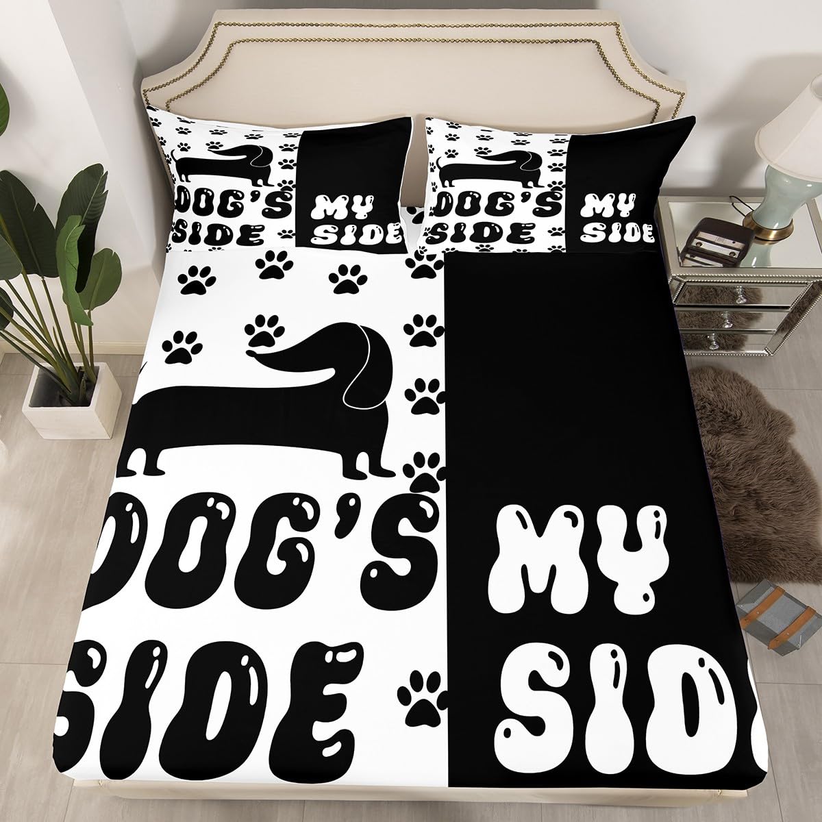 Cute Dog Paws Print Kids Fitted Sheet Double Size,Cartoon Dachshund Puppy Animal Pet Bedding Set,Boys Girls Room Decor,Dog Side My Side Bed Cover,Black White Bed Sheet,2 Pillowcases(No Top Sheet)