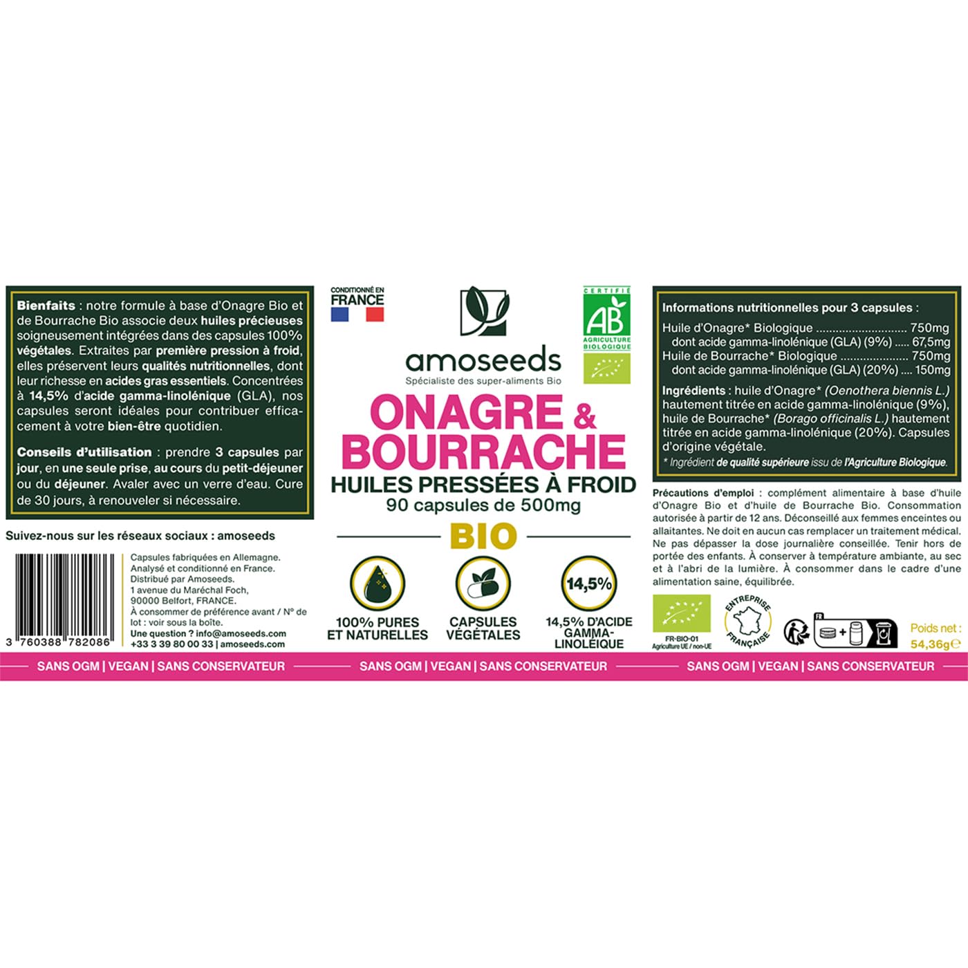 Huile d’Onagre et Bourrache BIO | Première pression à froid | 14,5% acide gamma-linoléique | 90 capsules végétales, vegan | Fabriqué en France | Qualité Supérieure