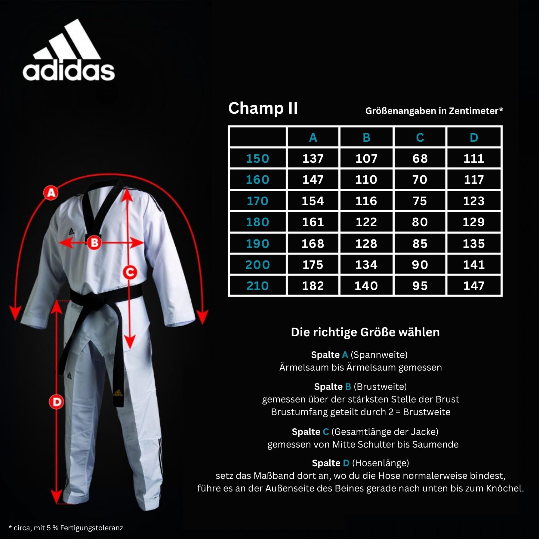 adidas Taekwondoanzug Champ II | Dobok mit neuem WT Logo | für Kinder und Erwachsene | Leicht und atmungsaktiv | Revers Weiß oder Schwarz | für Training und Wettkampf | Größe 150-210 cm