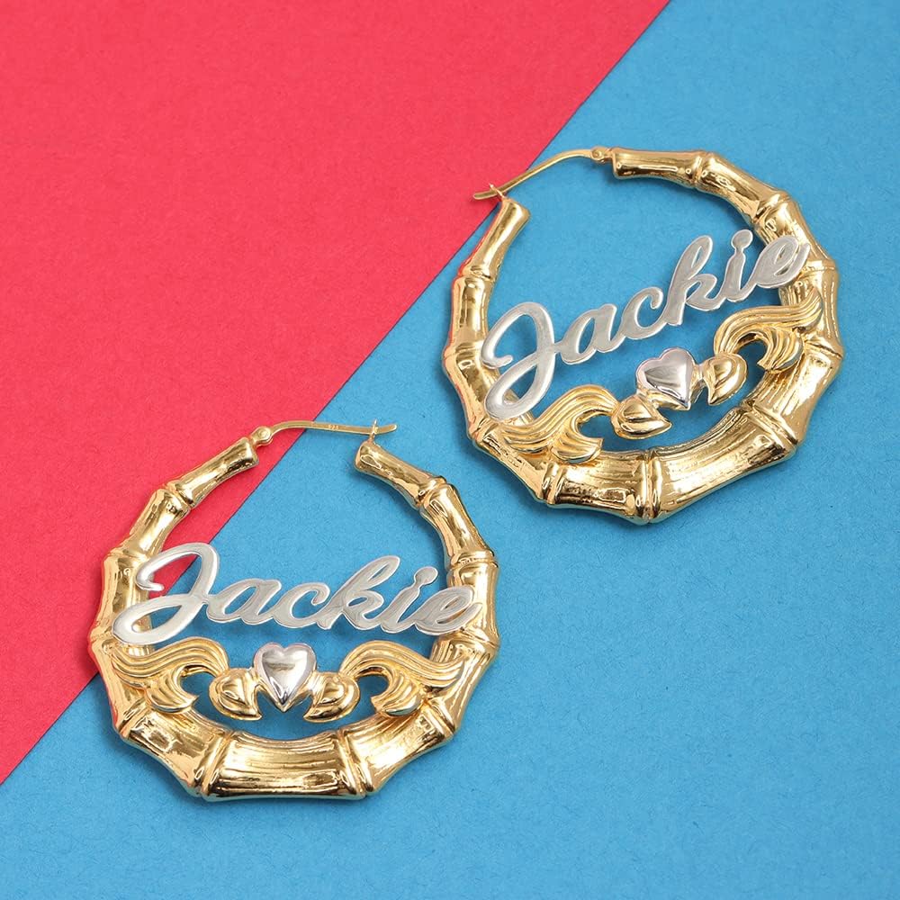 LeCalla 925 Sterling Silver Customized Bamboo Heart Hoop Earrings | Two Tone Bamboo Name Hoops Earrings for Women 30,40,50mm