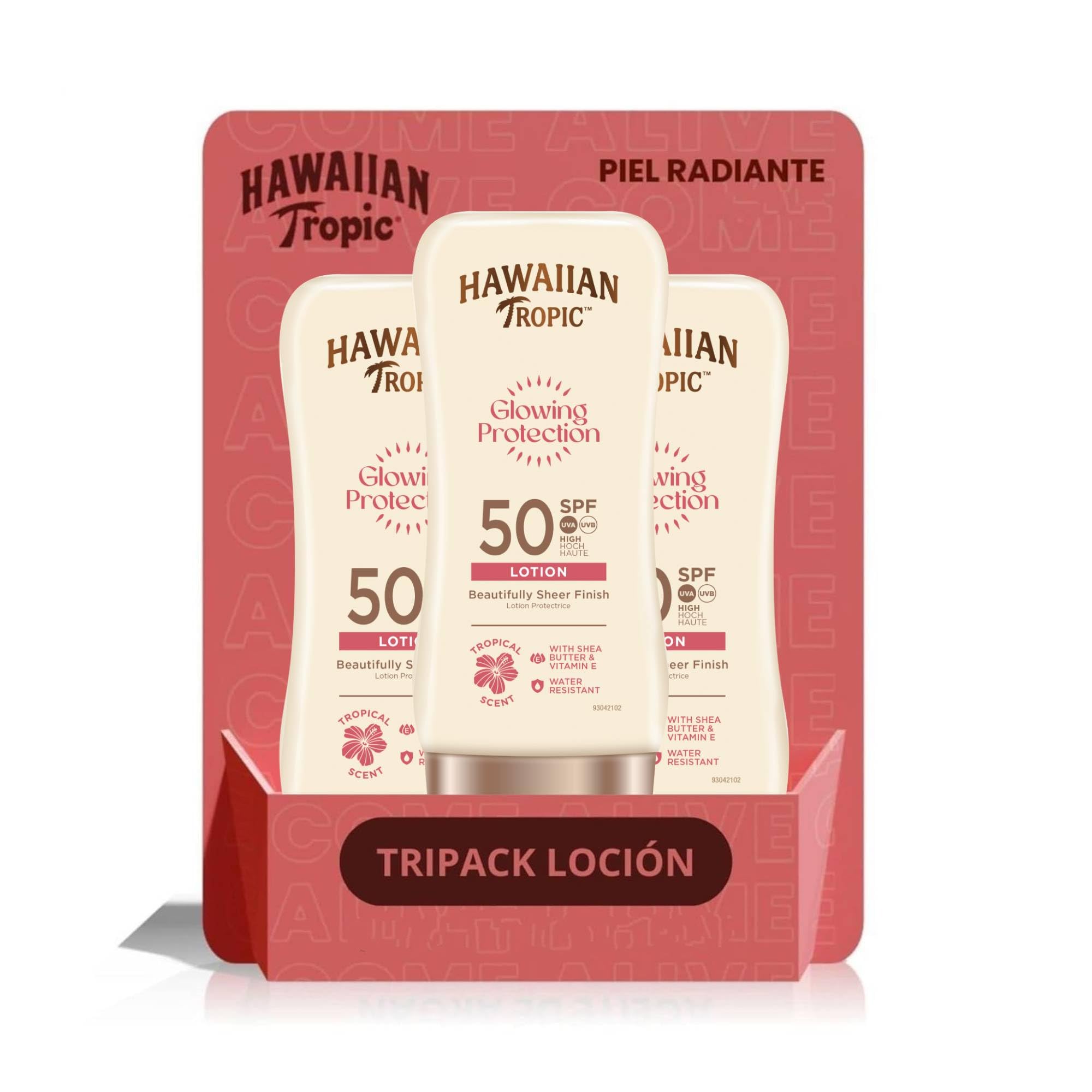 Satin Protection Ultra Radiance SPF 50+ - Very High Protection Sun Lotion, Protects and Softens the Skin, Tropical Fruit Fragrance, Pack 3 Units x 180 ml