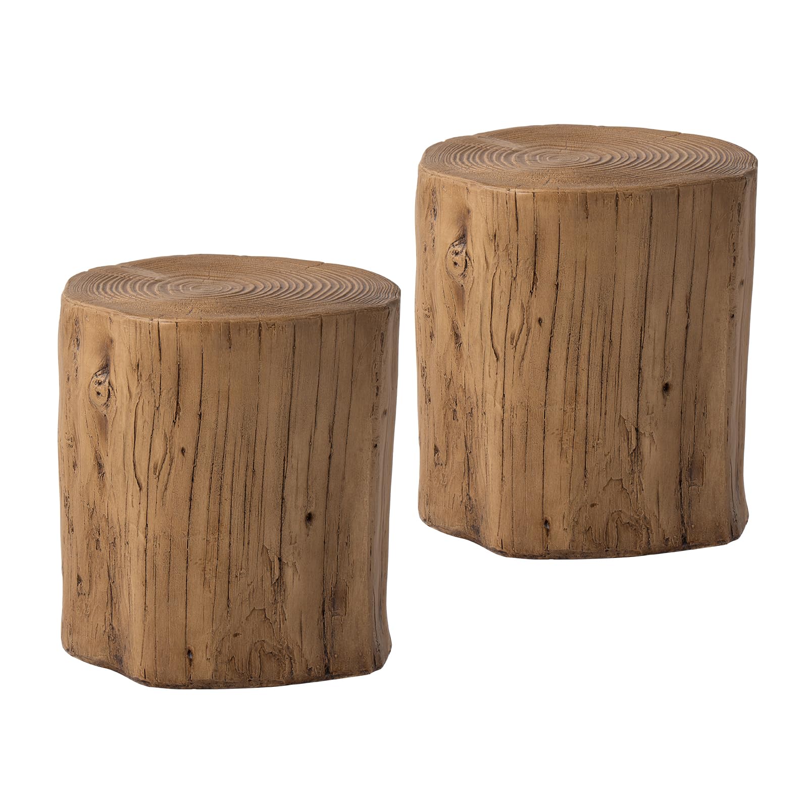 2 Piece Faux Wood Tree Stump Stool, Round End Table with Light Oak Colored, Light-Weight Coffee Table, Garden Stool, Plant Stand, Nightstand, Ideal for Indoor or Outdoor, 15” x 14”x 16.5”