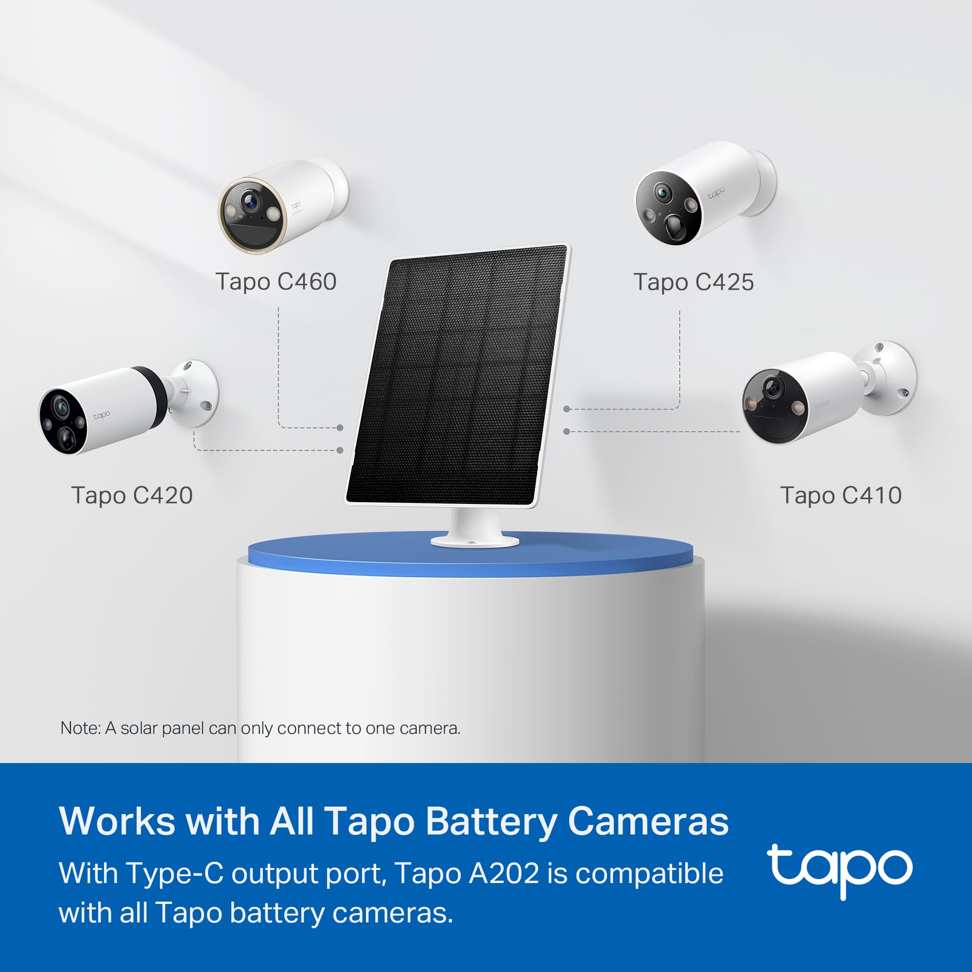 Tapo A202 Solarpanel, Kompatibel mit Allen Tapo-Akkukameras, 4m Typ-C Verlängerungsladekabel, 5V 4,5W, IP65 Wasserdicht, frei Einstellbarer Winkel, USB-C auf Micro-USB Adapter enthalten