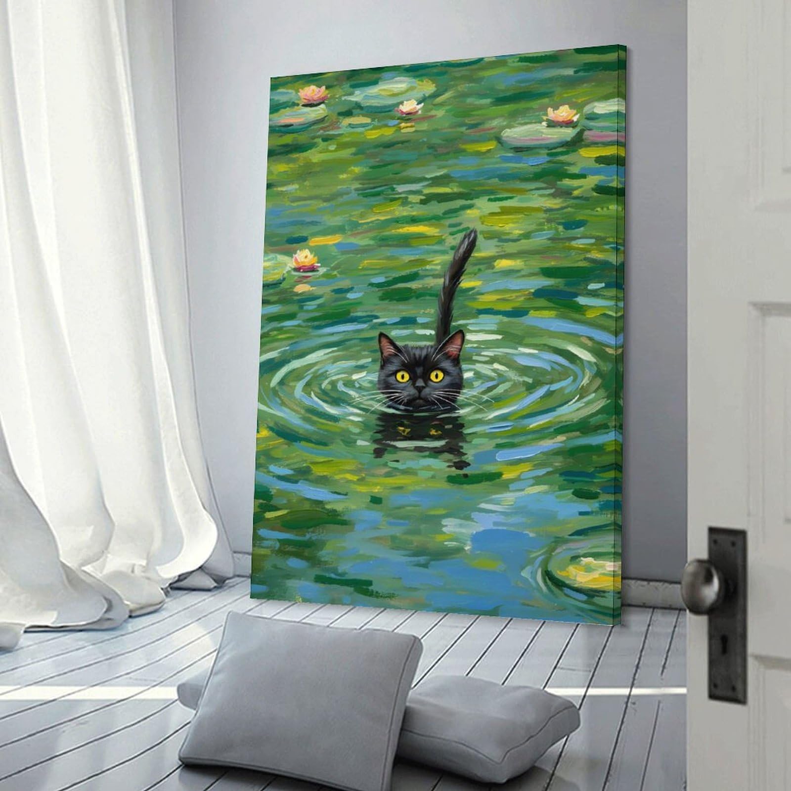 Junmoney Frame-Style-10 Canvas Art Print Black Cat Swimming In Lily Pond, 24X36inch(60X90cm), For Contemporary Homes, Apartments Or Offices, Decorative Canvas Decor For Home Updates