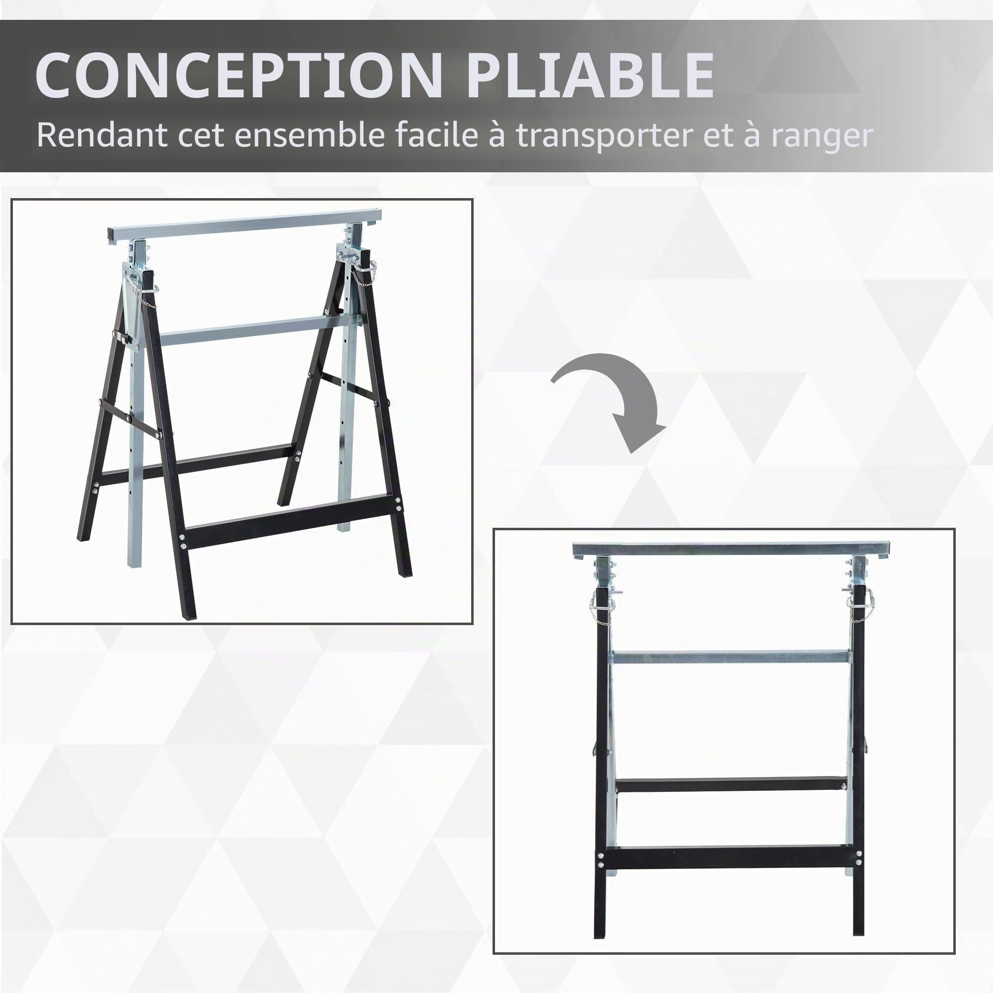 HOMCOM Lot de 2 tréteaux Pliables télescopiques Hauteur réglable 80-130 cm Noir