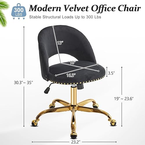Vista 47 de VINGLI Silla de oficina pequeña de terciopelo moderna, bonita silla de escritorio con ruedas, base dorada/tachuelas, cómoda silla giratoria sin Beige