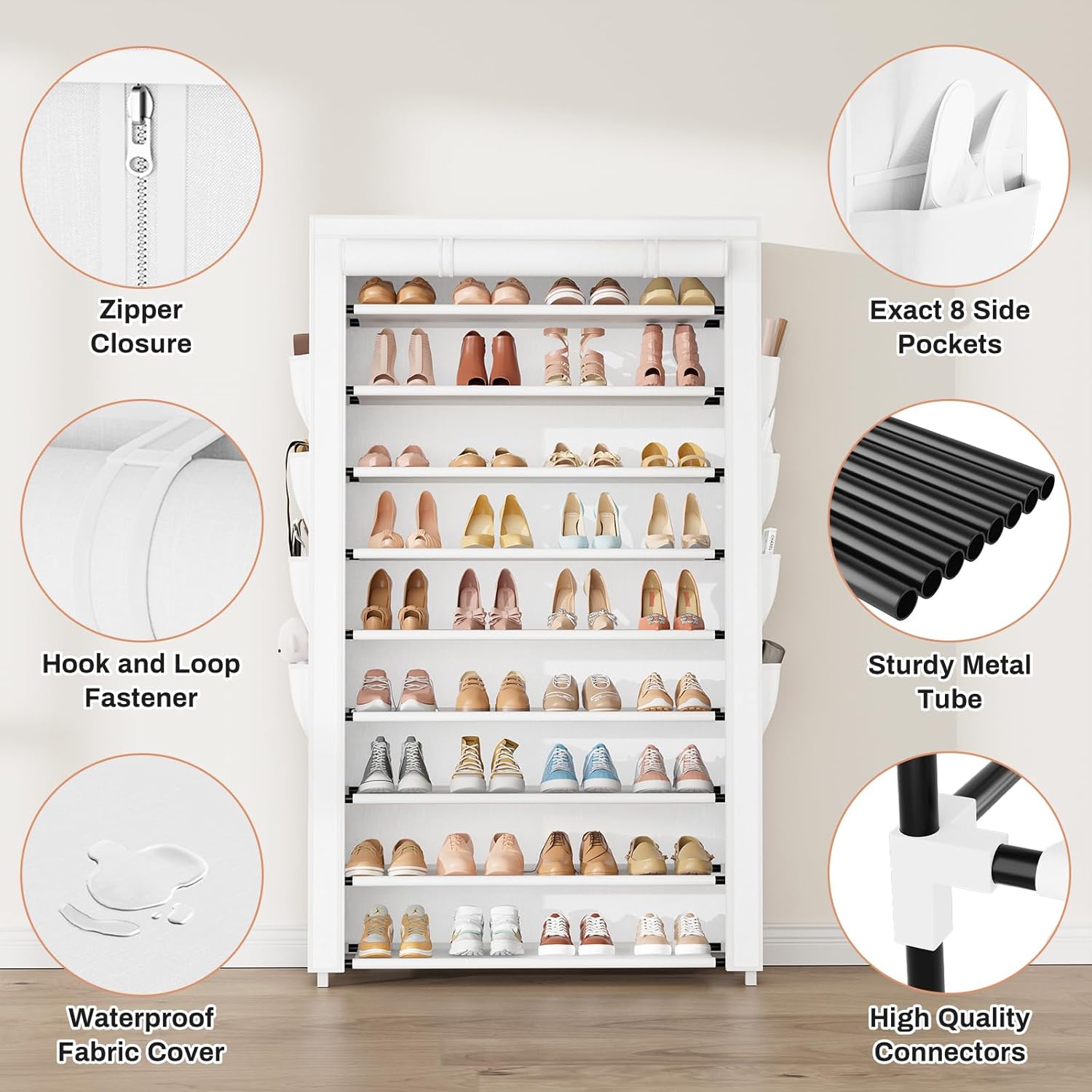 Shoe Rack with Cover, 10 Tier Shoe Organizer Storage for 40-50 Pairs Sneaker and Boots, Large Capacity, with 8 Pockets, Free Standing Tall Shoe Rack for Front Door Entrance, Closet, White