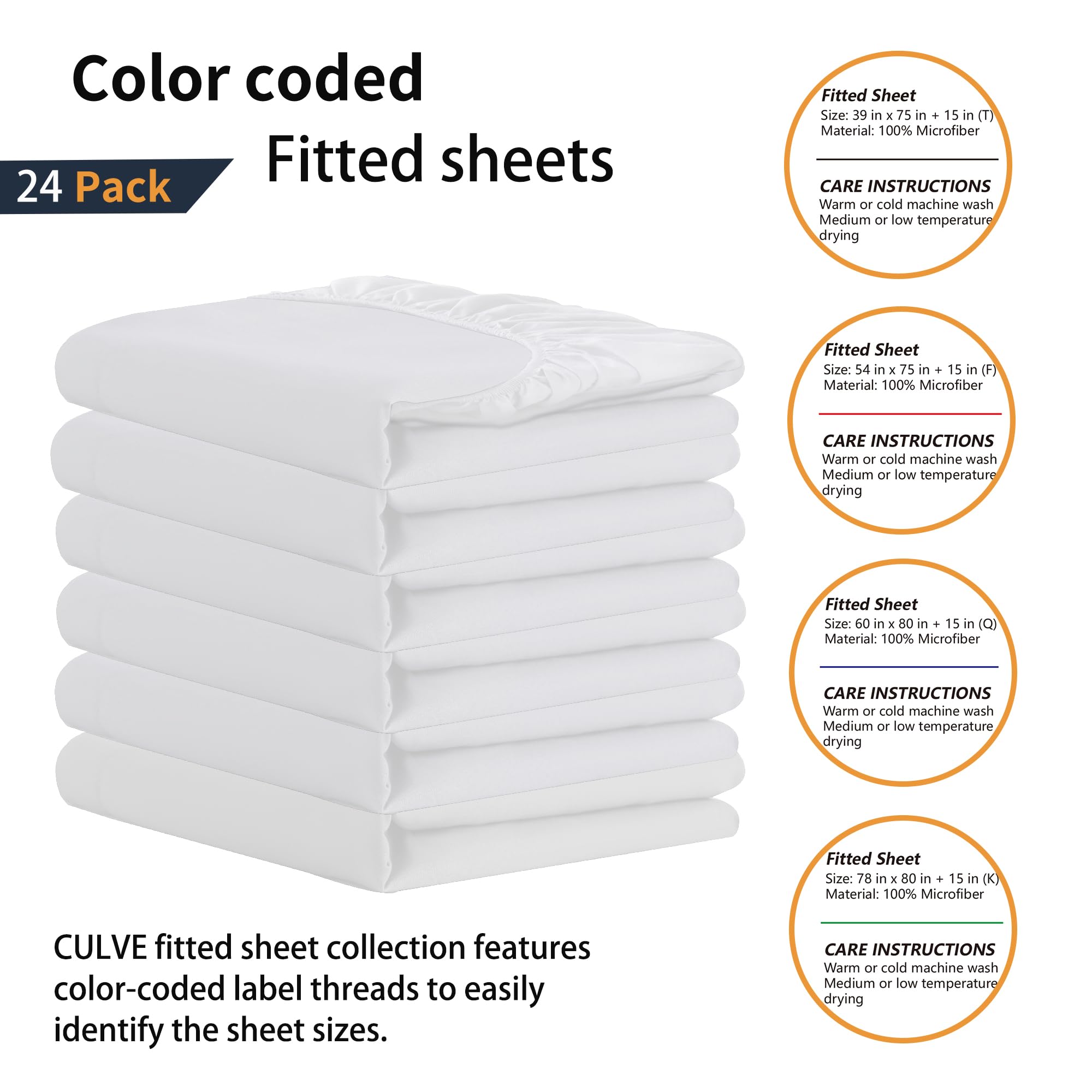 Bulk Full Fitted Sheets - 24 Pack, 54x75 Inches, 15" Deep Pocket, Color-Coded Labels, OEKO-TEX Microfiber - View #3