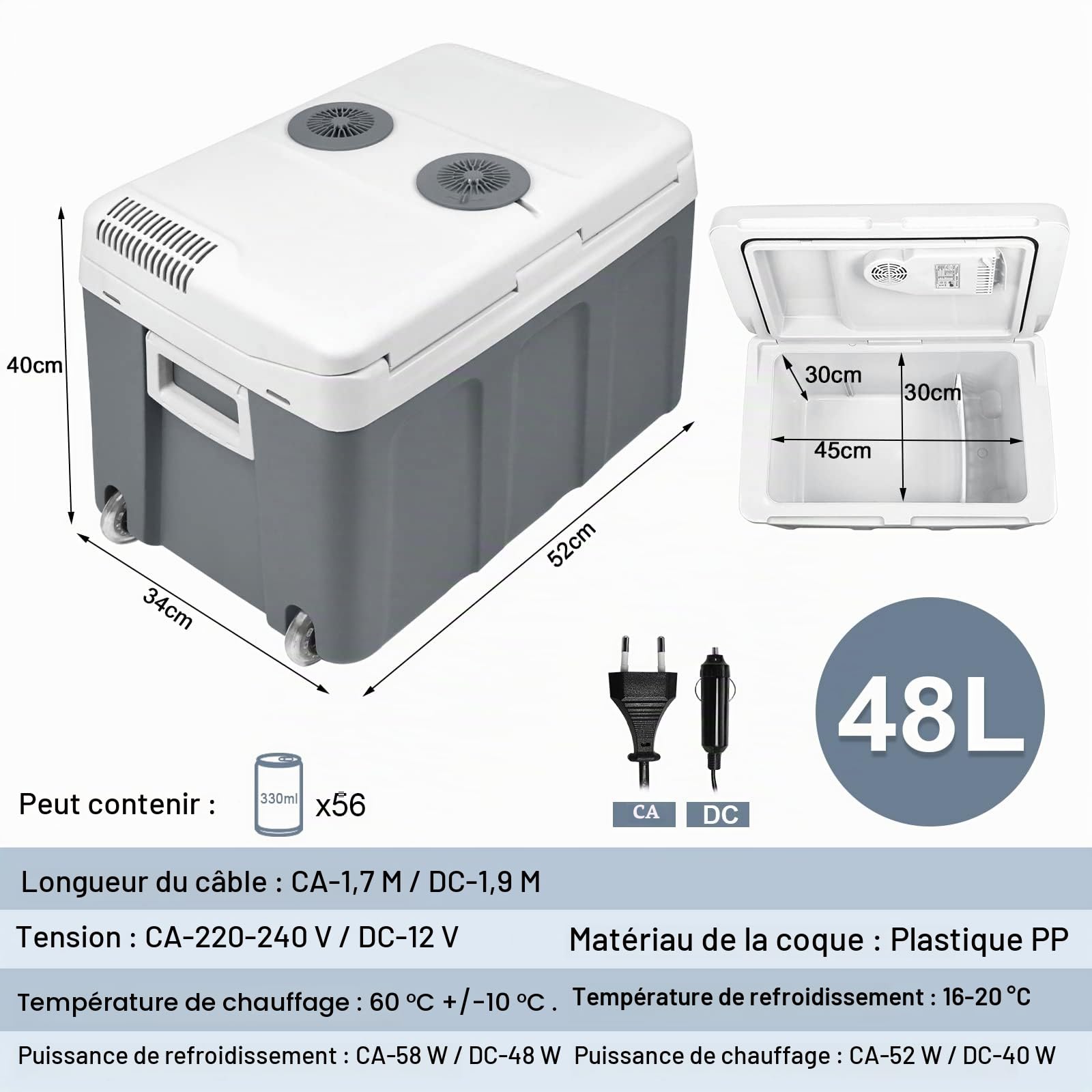 LZQ Réfrigérateur portable de 48 l avec roues, 12 volts et 230 volts avec fonction de refroidissement et de maintien de la chaleur pour voiture, bateau, prise et camping