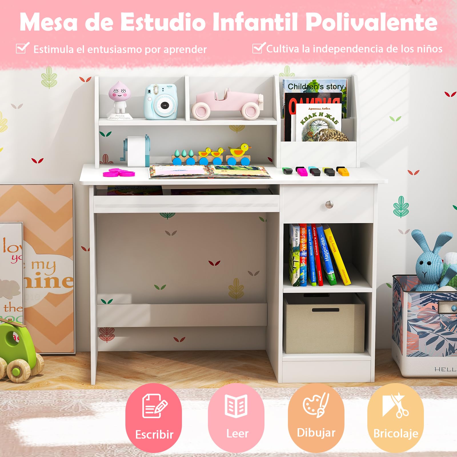 GOPLUS Escritorio Infantil de Madera con Cajón, Mesa Juvenil con 4 Estantes Abiertos, Bandeja para Teclado, 3 en 1 Escritorio para Niños con Dispositivo Antivuelco, 90 x 45 x 90 cm (Blanco)