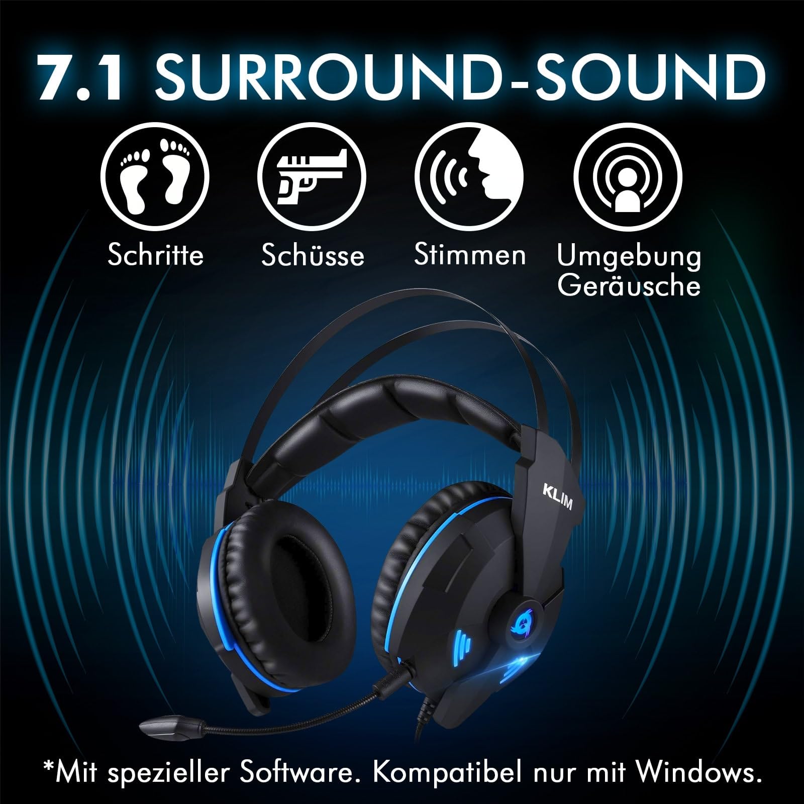 KLIM Impact V2 - Gaming Headset und Mikro USB - 7.1 Surround-Sound + Isolation - Hochqualitativer Klang + PS5 Headset mit Klangvolle Bässe - Für PC, PlayStation, Videospiele