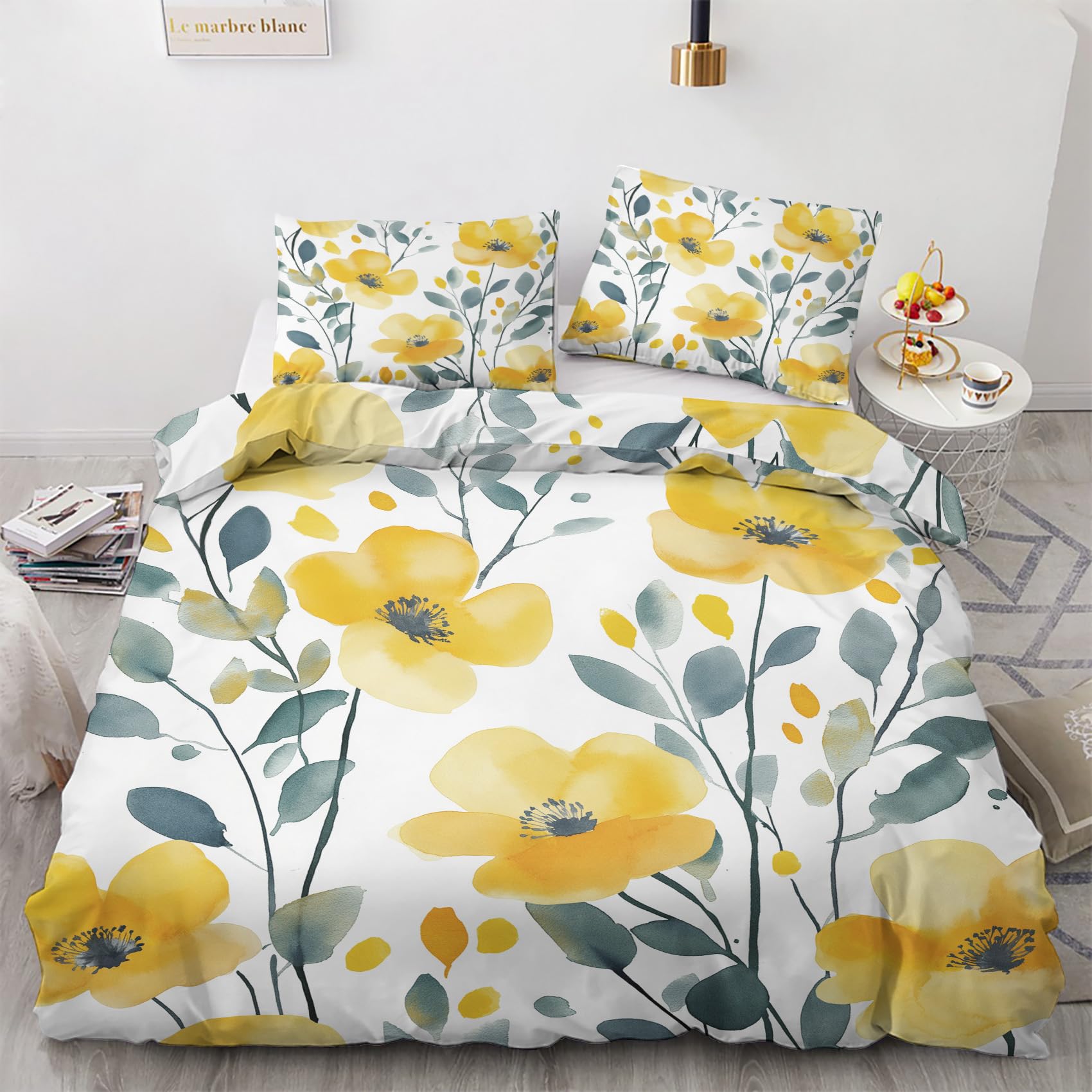 Housse de Couette Jaune Floral 220x240 en microfibre premium au tissage haute densité ultra doux