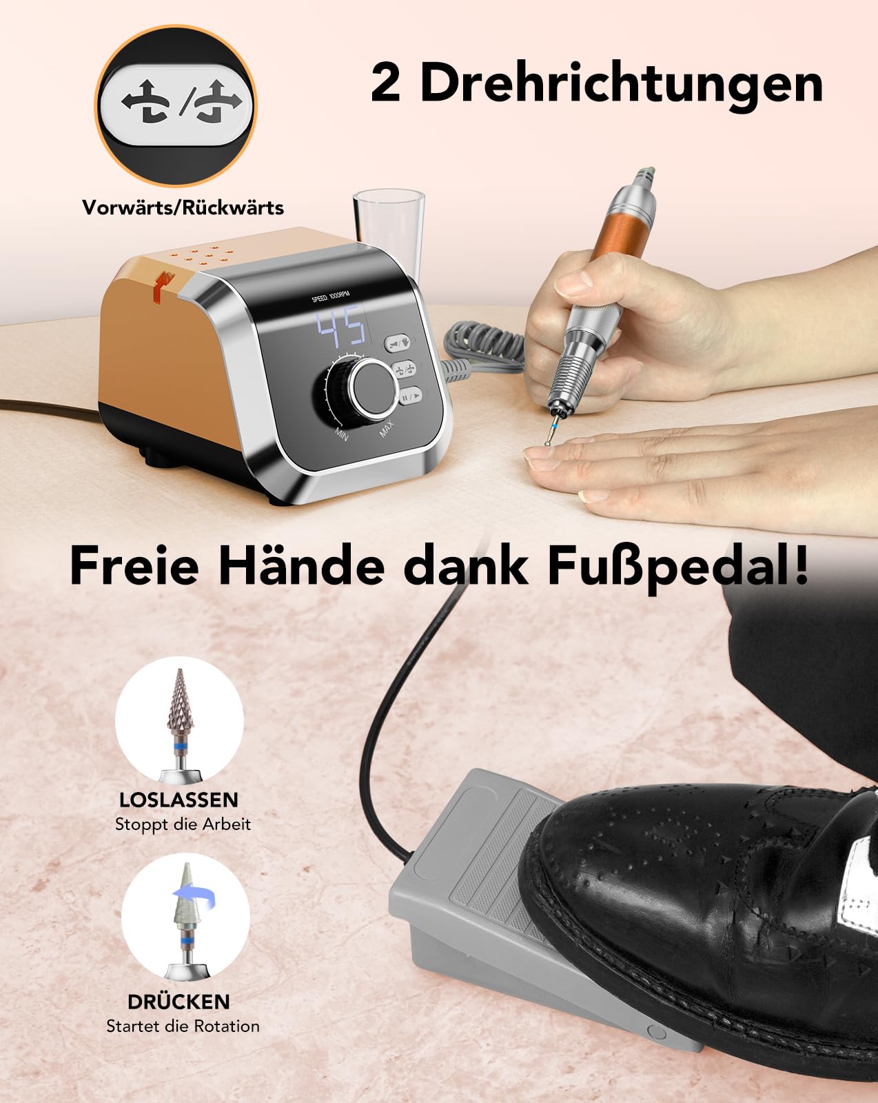 HOMEASY Nagelfräser 45000 U/M Professionell Fräser Nägel Elektrische Nagelfeile für Gelnägel mit Fußpedal 45 Getriebestufen LCD Anzeige F/R Drehrichtung Pause Funktion Salon Zuhause Orange