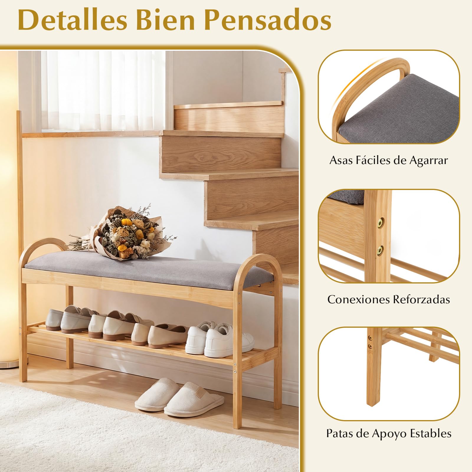 COSTWAY Banco Zapatero de Bambú con Cojín, Banco para Zapatos con 1 Estante, Banco Zapatero Pasillo Entrada Salon Dormitorio, 100,5 x 31 x 51 cm