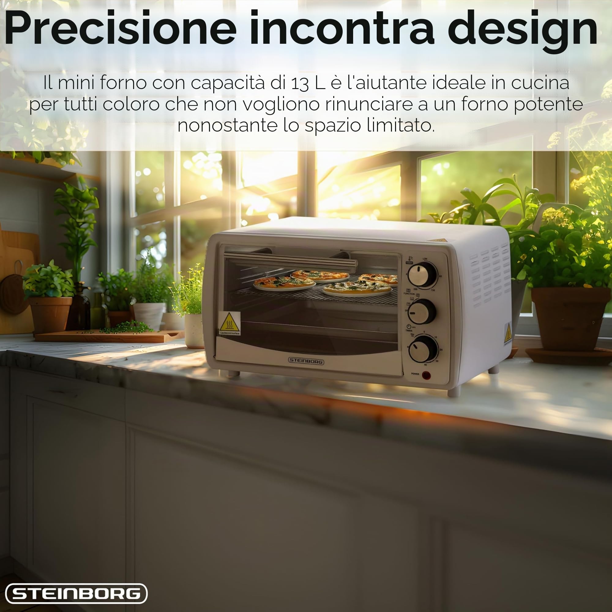 Mini Forno 13 Litri 1200 Watt per Pizza 65°-230° C Con Timer Apribile - Forno Piccolo