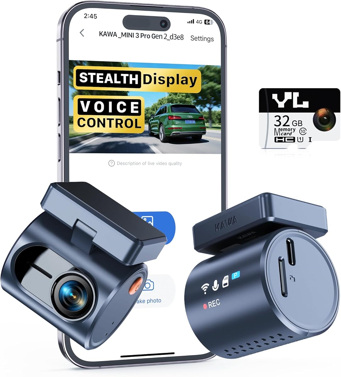 KAWA Compacte Dashcam - Écran Transparent avec Contrôle Vocal, Supercondensateur, 2K1296P Dashcam Voiture, Vision Nocturne, 135° FOV, G-Sensor, Carte SD 32GB Incluse, Contrôle par App