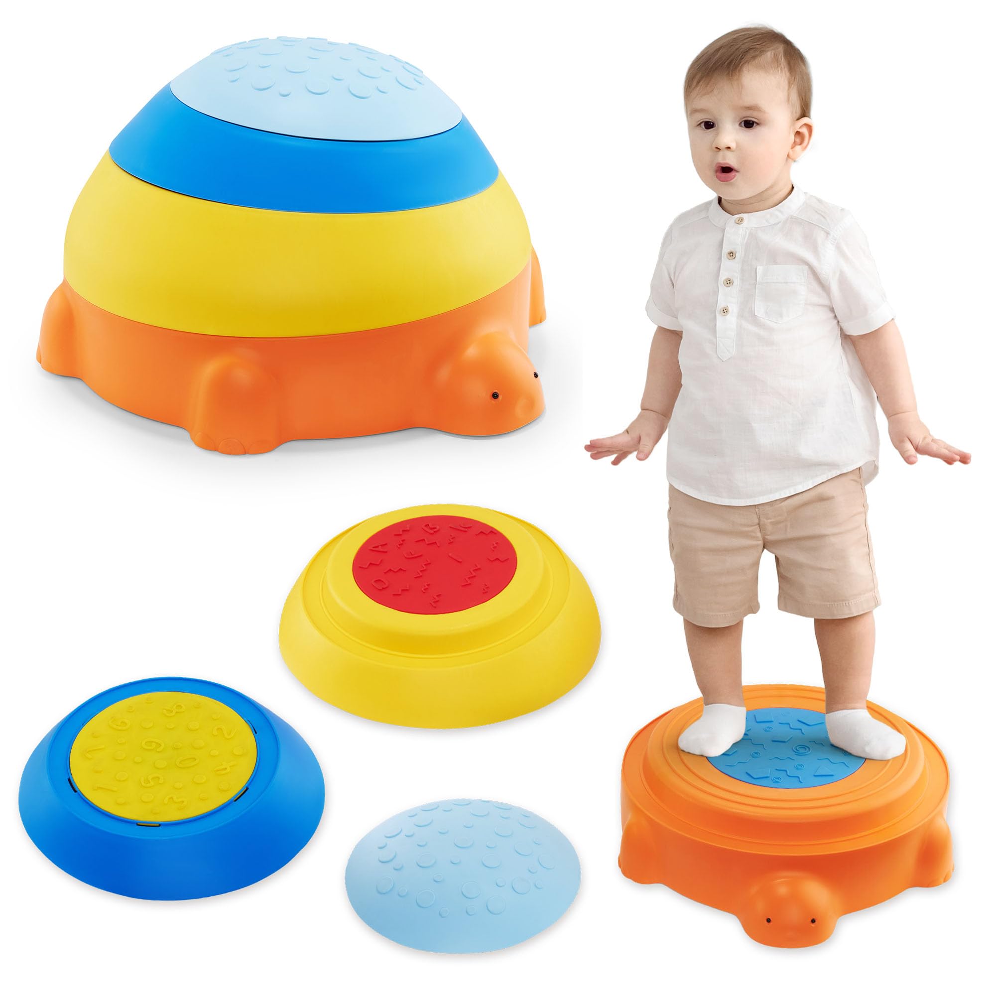 Mamabrum Percorso Psicomotricità Bambini, Tartaruga Colorata, 4 Pietre Equilibrio Antiscivolo in Plastica PP e TPE, Texture Sensoriali, Impilabili, Diametri 27-53 cm, Portata 100 kg, 3 Anni