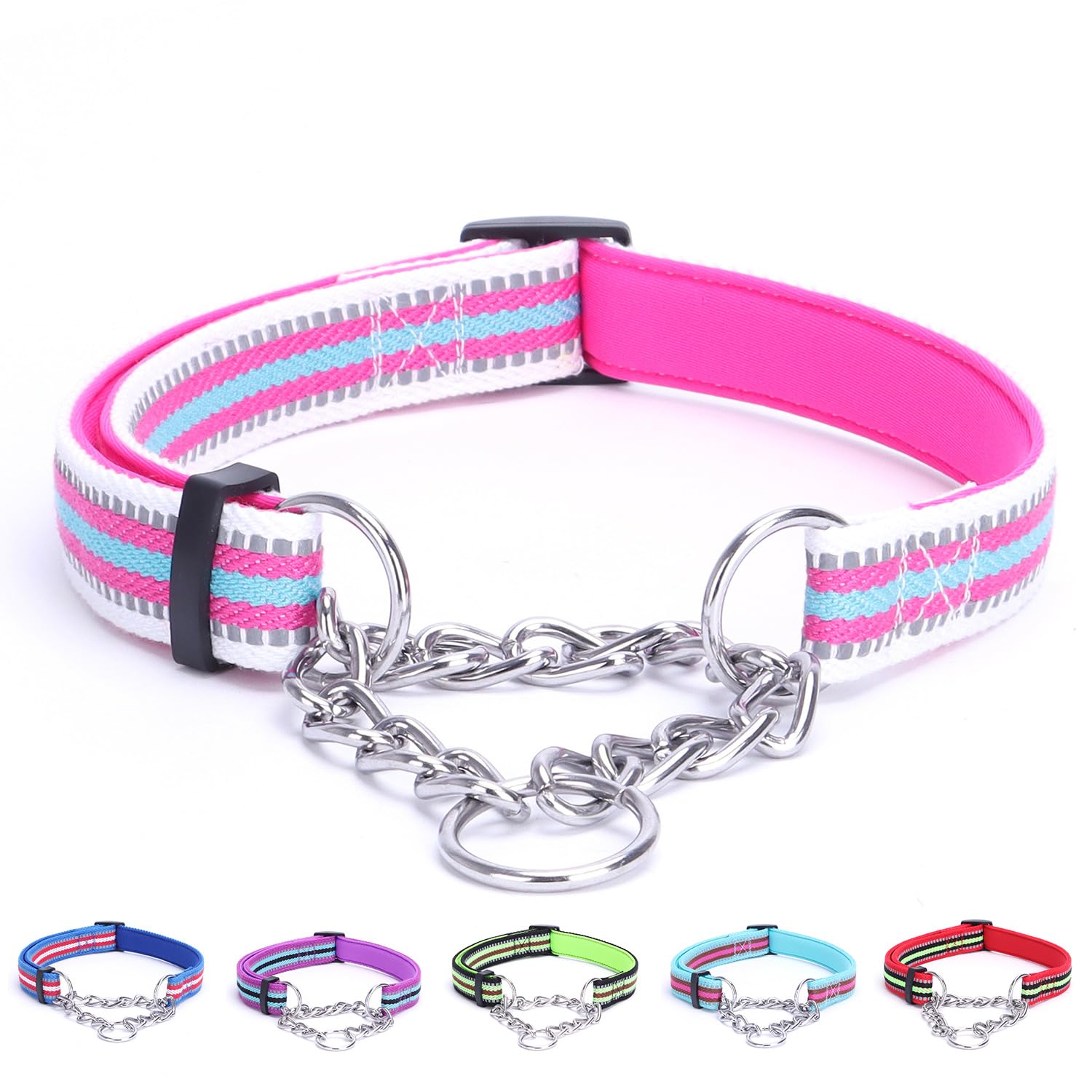 Alainzeo Reflective Martingale Dog Collars, Adjustable Soft Neoprene Padded Breathable Nylon Pet Collar for Puppy, Medium and Large Dogs,Rose Red,M