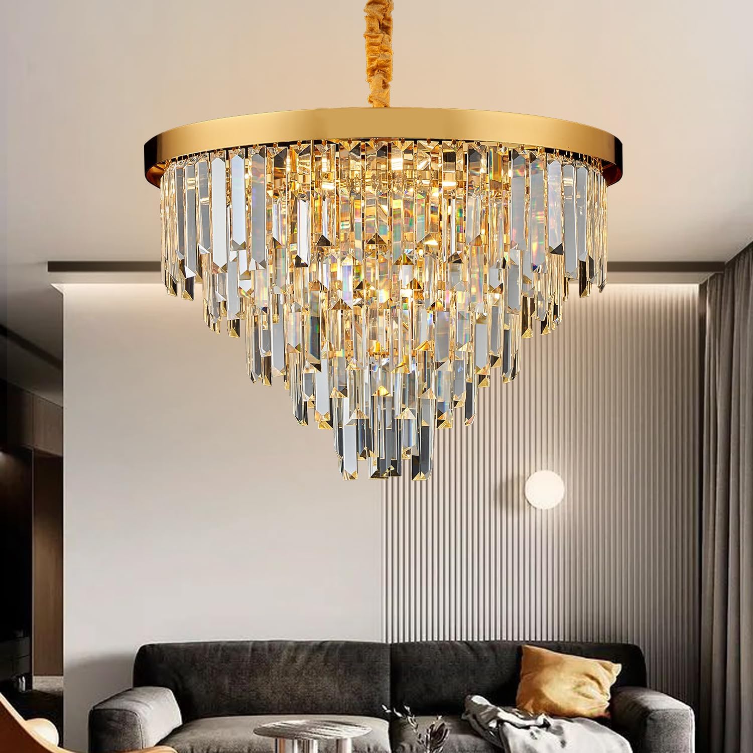 Gold Crystal Chandelier, 20" Modern Chandelier 5 Tiers 8 Light Pendant Lighting Round Chandelier for Kitchen Island Dining Room Entryway Bedroom Office