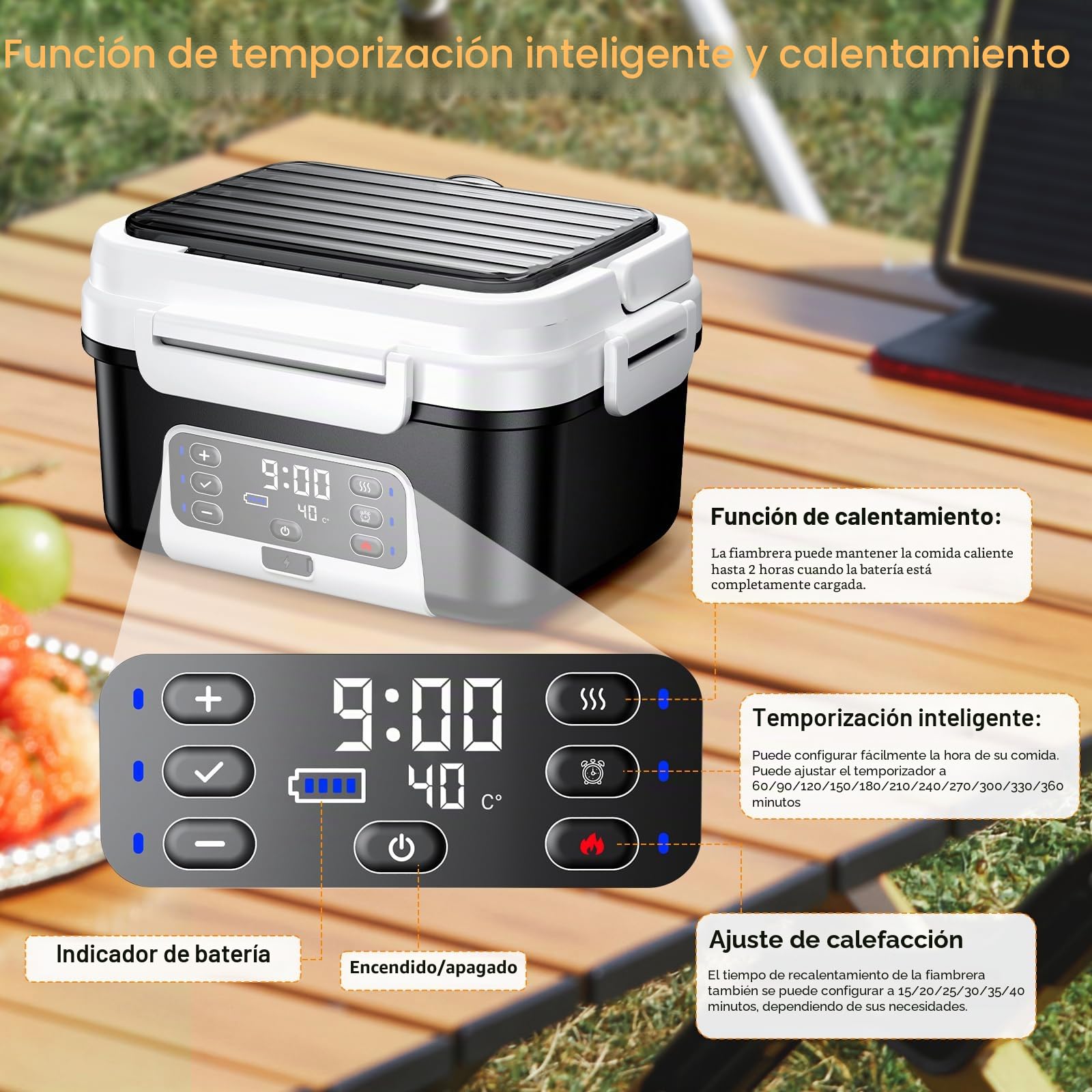 Fiambrera Eléctrica Inalámbrica, Taper Electrico para Comida con Calentamiento Programado, Para Oficina, Obra, Cámping, Coche, Lunch Box Adultos de 1,5 L| Fiambreras Comida Trabajo con batería