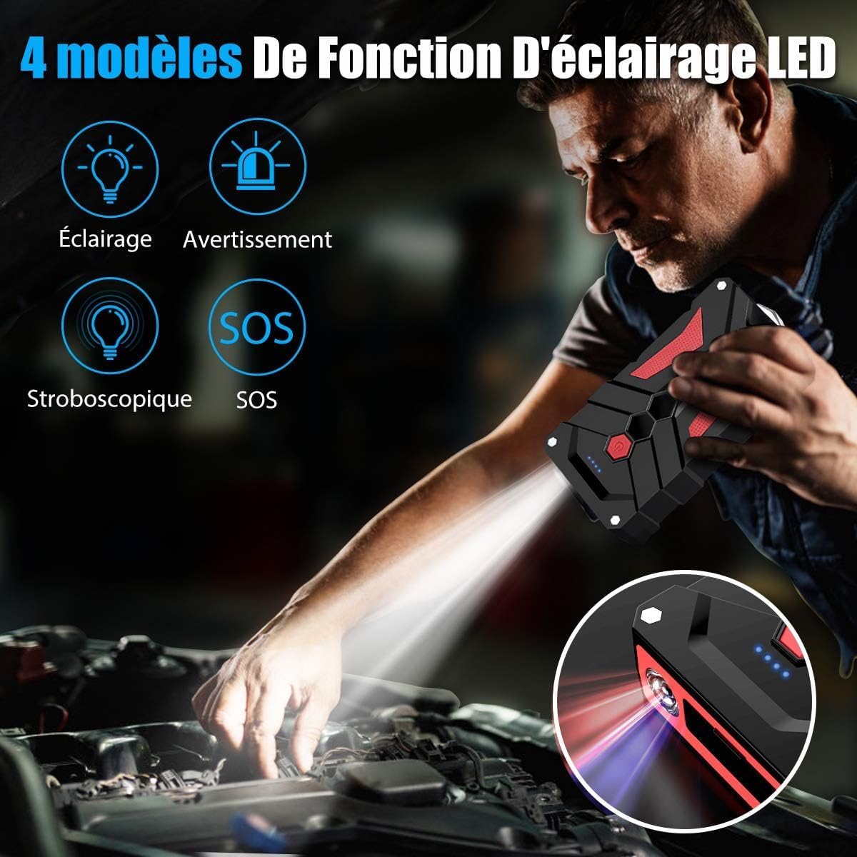 Booster Batterie Voiture 4000A, 12800mAh Démarreur de Voiture(Jusqu'à 7.0L Essence ou 5.5L Gazole), 12V Jump Starter avec Pinces de Sûreté Intelligentes, Lampe à LED, Marteau de Sécurité