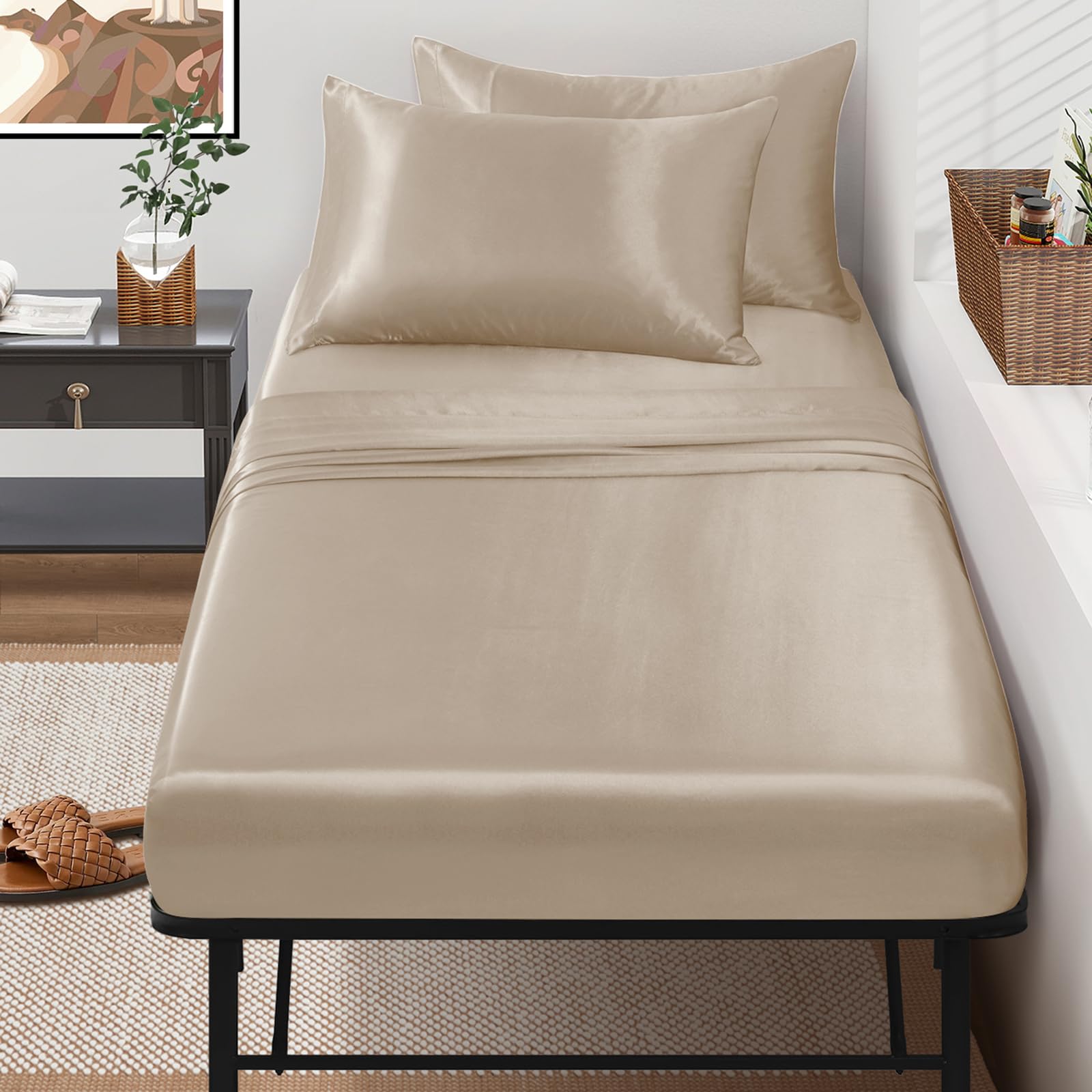 SiinvdaBZX 4-Piece Cot Sheet Set 31 x 75 Beige Satin Cot Size Sheets Silky Soft Rv Bunk Bed