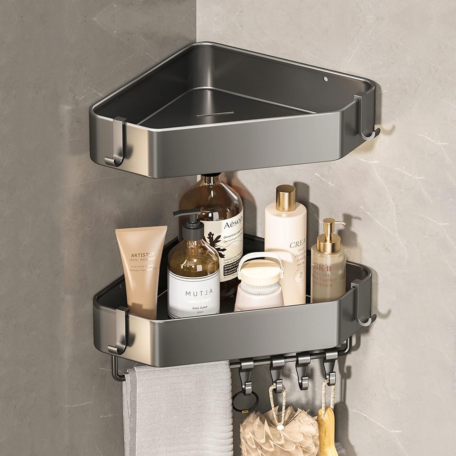 2 Pack Corner Shower Caddy, Shower Organizer with 8 Hooks, Aluminum