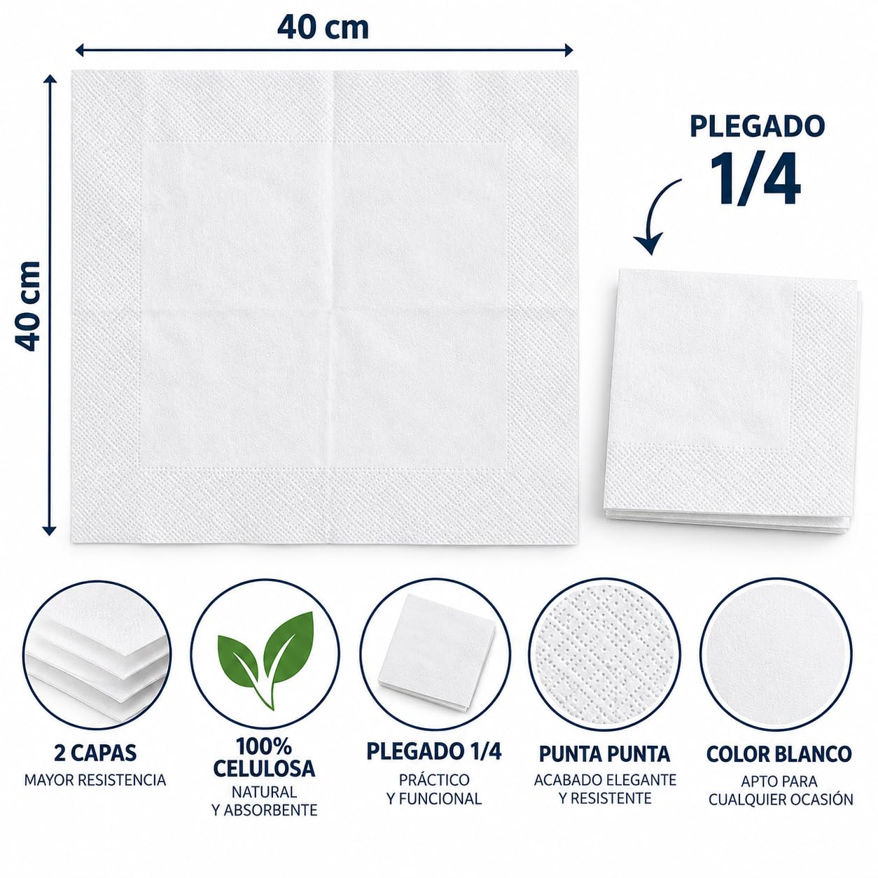 Servilletas de Papel 40x40 Blancas - 2 Capas 100% Celulosa - Plegado 1/4 - Uso Profesional Hostelería, Restaurantes y Eventos