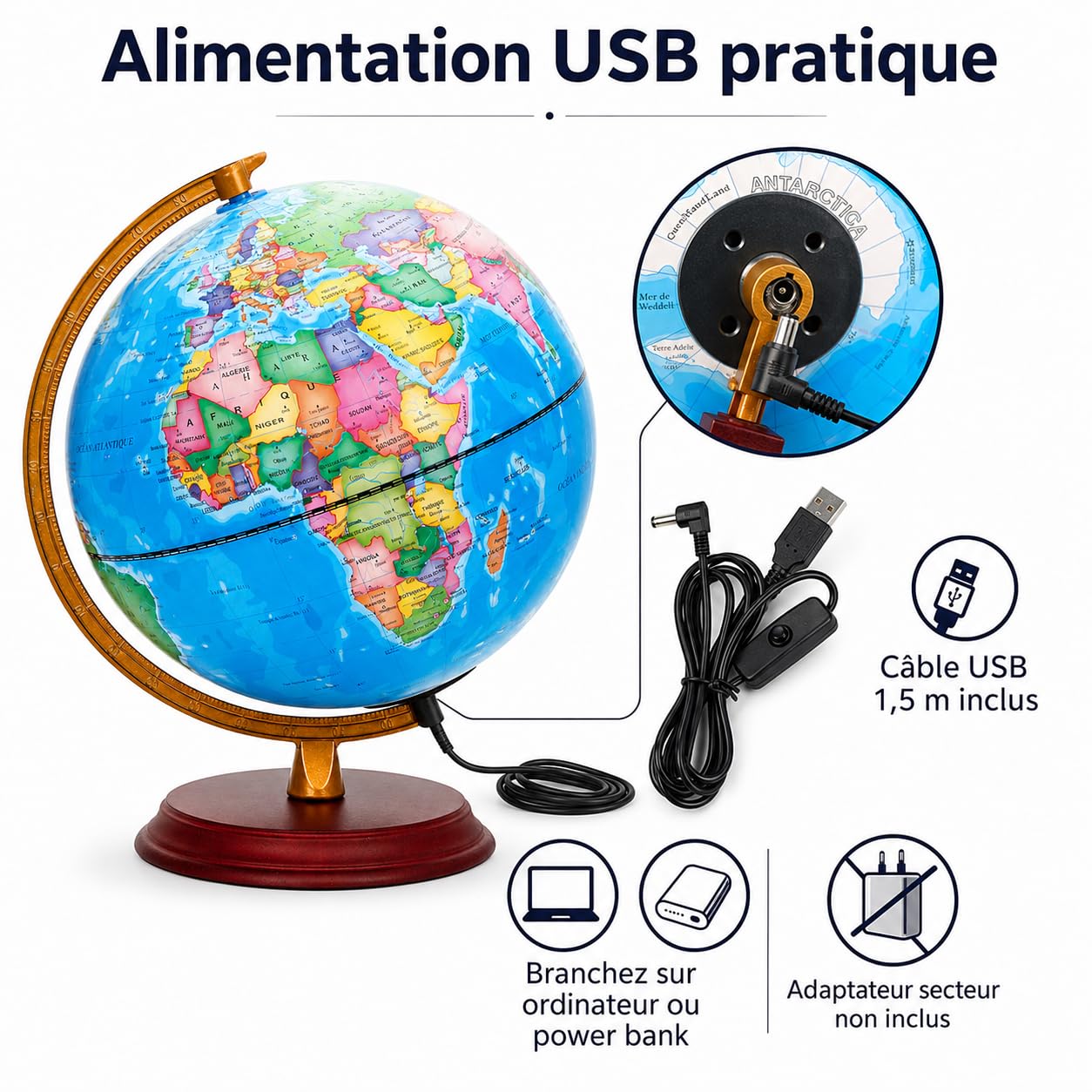 EXERZ Globe Lumineux 20 cm Français Carte & Constellations LED | Carte française, support bois, ciel étoilé LED et câble USB inclus pour bureau, maison ou cadeau éducatif.