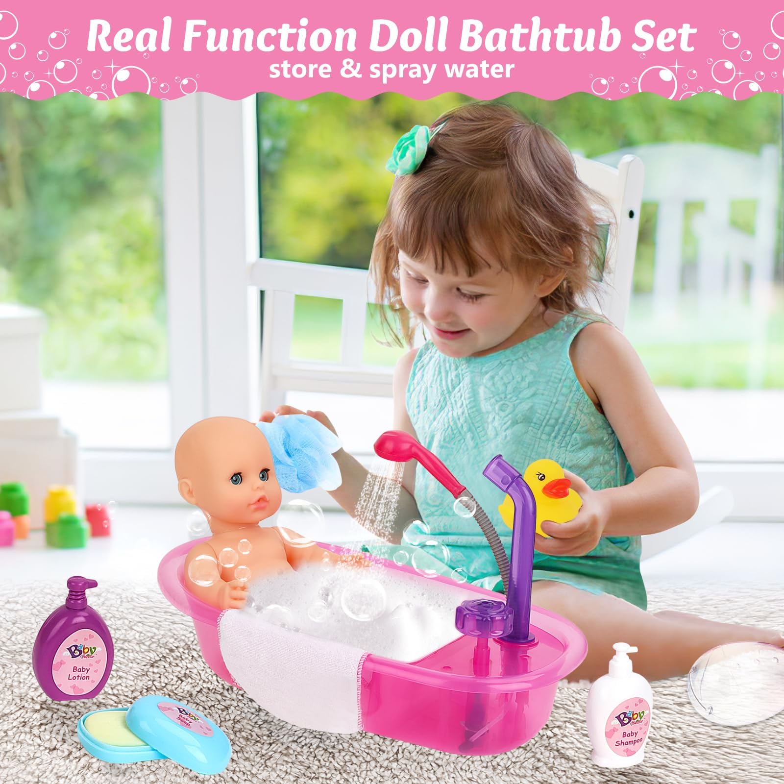 deAO Baby Doll Set with Bathtub,11PCS Doll Bath Set - Real Working Bathtub with Detachable Shower Spray,Toy Gift Set for 3+ Years Old Kids