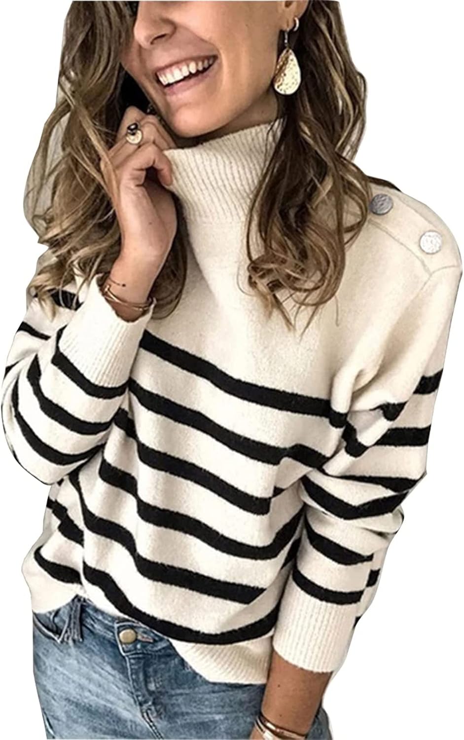 KIRUNDO 2023 Winter Women's Long Sleeve Knit Sweater Turtleneck Striped Loose Pullover Tops Deco with Metal Buttons