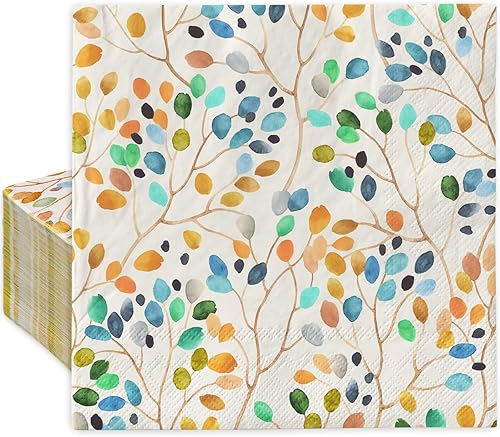 AnyDesign 100 servilletas de papel de hojas coloridas, ramas de hojas de acuarela, servilletas desechables para almuerzo, postre, cena, servilletas