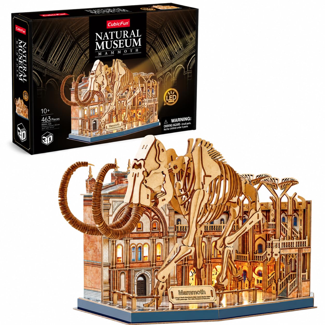 Puzzle 3D Bois Mammouth Museum LED | Puzzle 3D Squelette Préhistorique à Construire avec Lumière | Maquette en Bois DIY 464 Pièces | Construction Adulte et Enfant | Casse-Tête 3D Décoratif