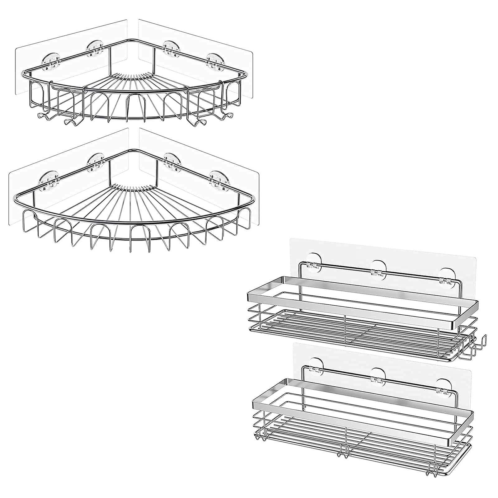Orimade 2-Pack Rectangle Shower Caddy Bundle with 2-Pack Corner Shower Caddy No Drilling Stainless Steel