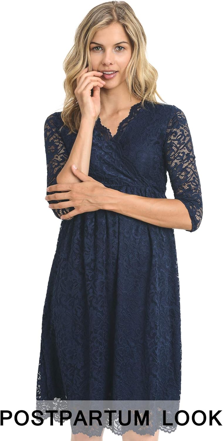 HELLO MIZ Women's Maternity Floral Lace Nursing Friendly Faux Wrap Dress (Large, Black)