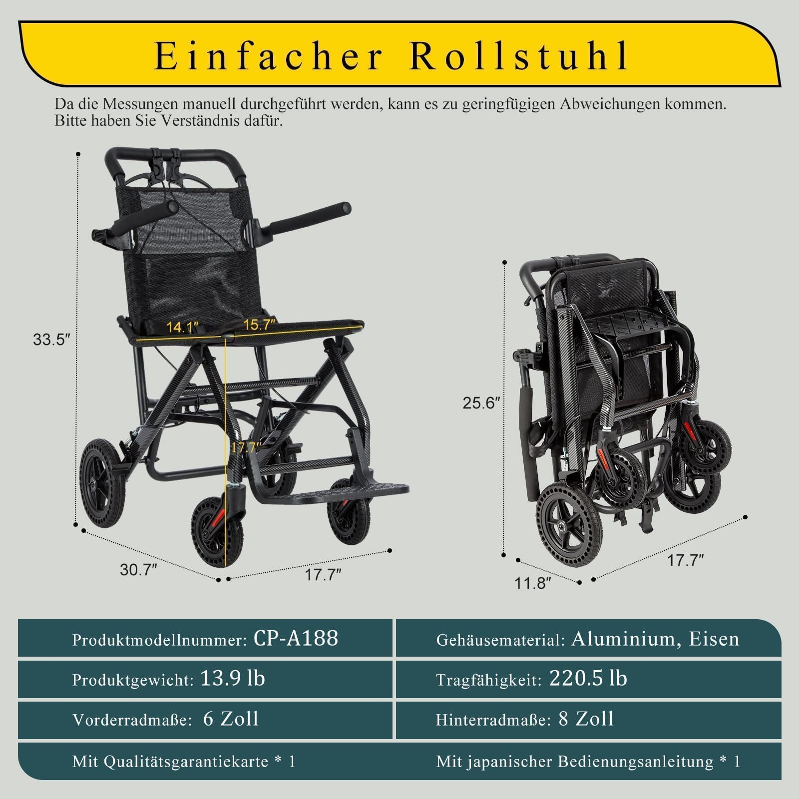 Care Parents - Silla de ruedas plegable y ultraligera (6,3 kg, ancho del asiento de 40 cm, aluminio con bolsa de viaje, compacta para avión y coche, reposabrazos plegables, estrecha, para apartamentos