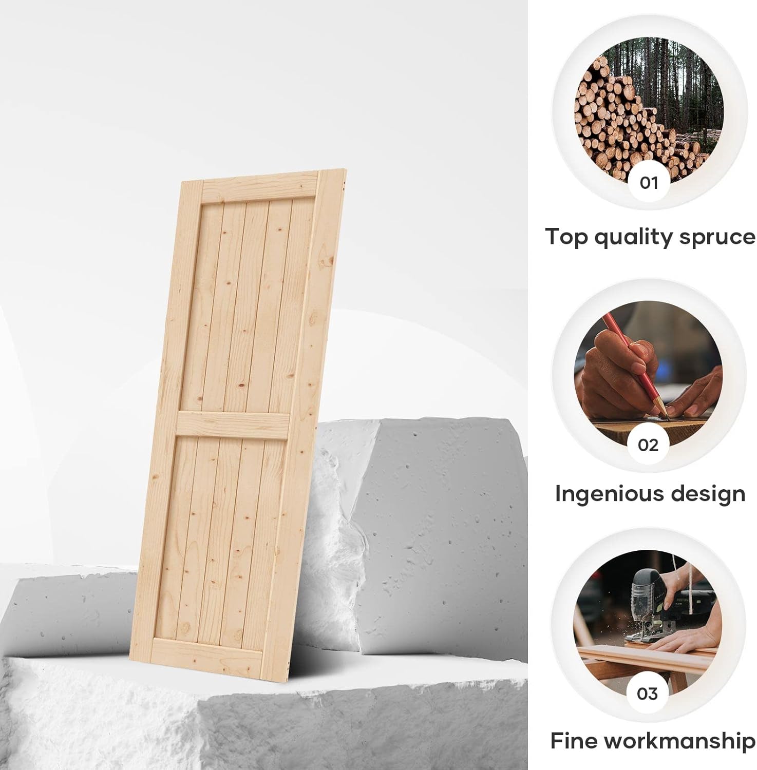 EaseLife 32in x 84in Sliding Barn Wood Door,Interior Doors,DIY Assemblely,Solid Natural Spruce Panelled Slab,Easy Install,Apply to Rooms & Storage Closet,H-Frame