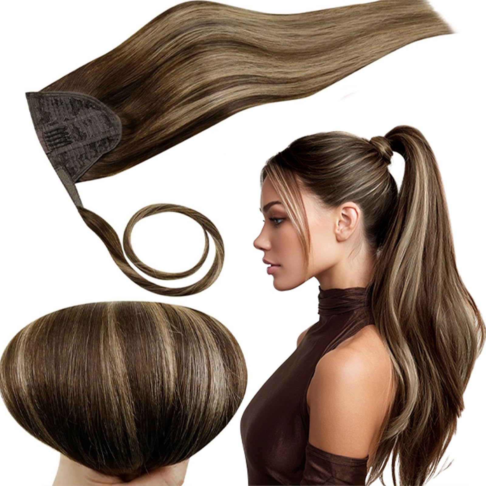 RUNATURE Real Hair Ponytail Extension, Long Human Hair Ponytail for Women, Straight Remy Natural Ponytail Extension, Add Length, 20 Inch 80g #4/27/4