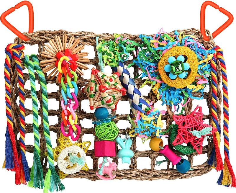 Foraging Toys for Parakeets Cockatiel Conures Lovebirds - Seagrass Wall with Various Bird Toys