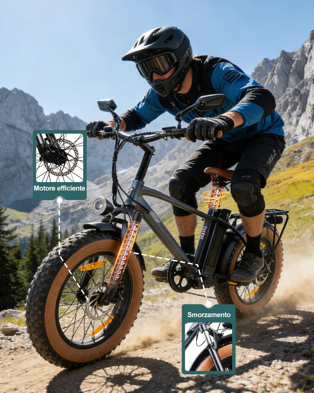 HANEVEAR Bici Elettrica Uomo, Batteria Da 48 V 18Ah Con Autonomia 80-120km, 20" x 4.0" Pneumatici Grassi e 250W 80Nm Motore Senza Spazzole, Fat Tire Bici Elettrica Sospensione Completa