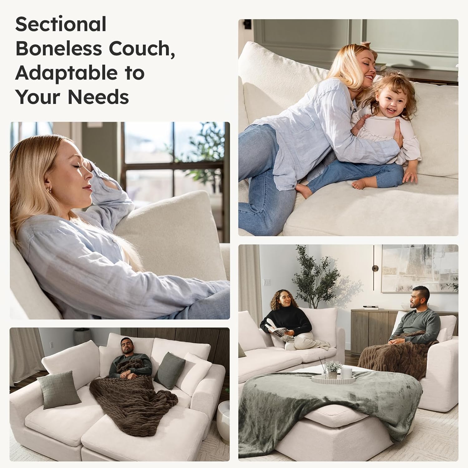 Oversized Modular Sectional Sofa, Boneless Cloud Couch with L-Shaped Chaise, Upholstered Deep Seat Comfy Couch | for Living Room, No Assembly Required, High Back Pillows, Chenille Fabric, Beige