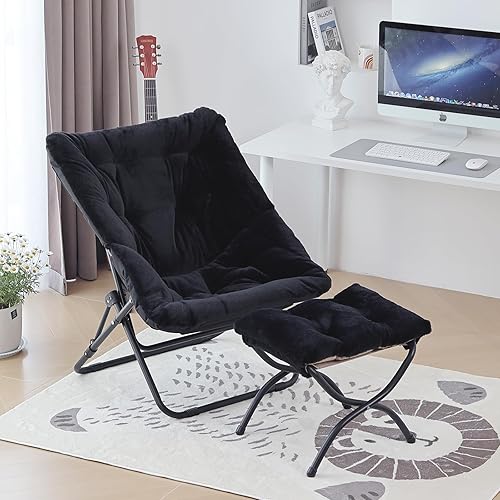 Miniatura 6 de Cómoda silla plegable con otomana, silla plegable de piel sintética de gran tamaño, silla suave y peluda con marco de metal, silla de luna para