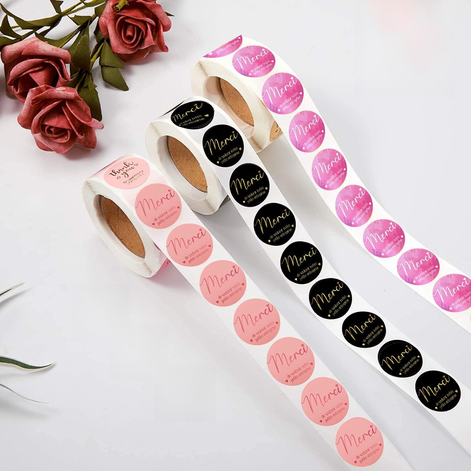 3 Rolls Stickers Premium with French Language Merci de soutenir Notre Petite entreprise Round Stickers Labels for Greeting Cards, Flower Bouquets, Bottle, Gift Wraps, Mailers Bag, 300PCS x 3