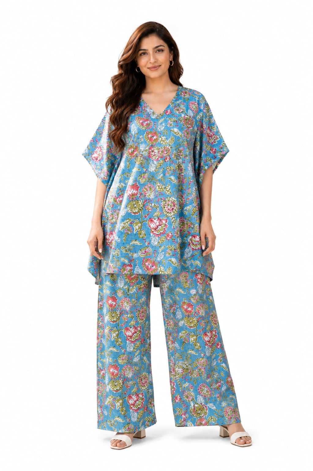 Women's Floral Printed Rayon Kaftan & Palazzo Set | Soft V-Neck Kaftan Co-Ord Set | Loose Fit Beach Wear, Resort Wear, Lounge Wear & Vacation Outfit for Women-picture-16